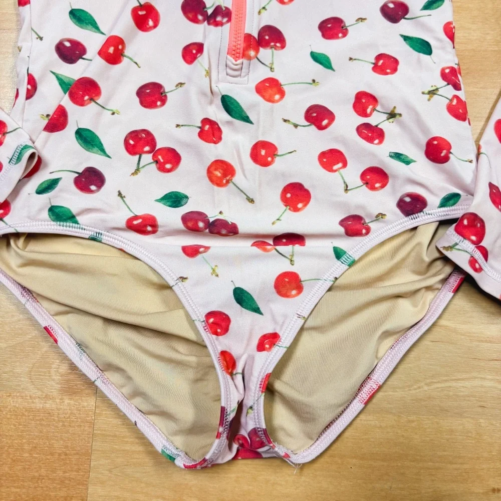 Crewcuts by J. Crew Pink & Red Long Sleeve Cherry Print Rashguard Swimsuit 12